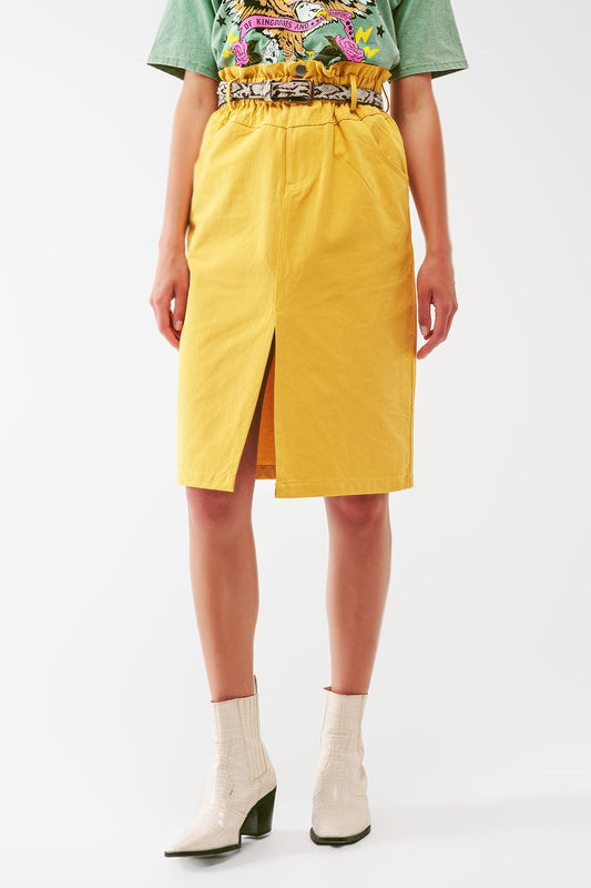 Paper bag waist straight skirt with front slit in yellow | Just Cool Beans — skirts