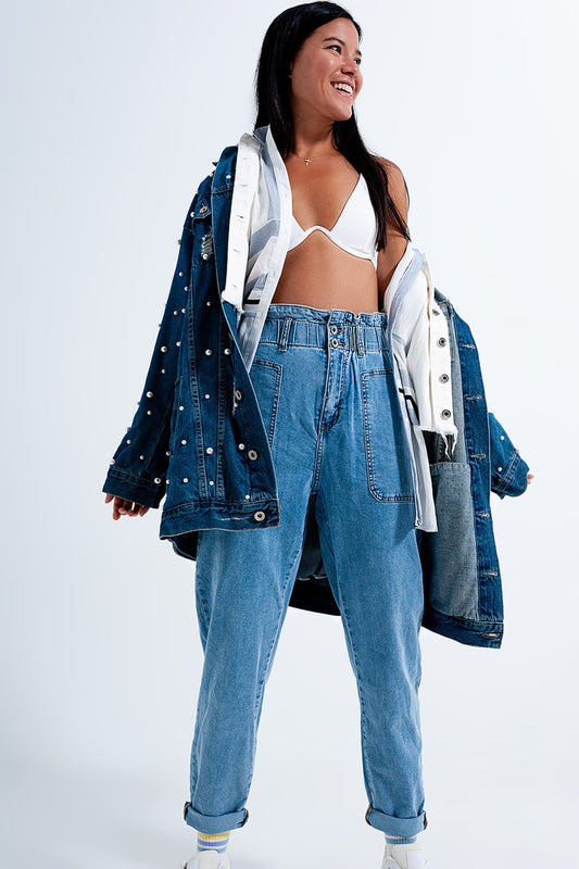 Paperbag waist mom jeans in mid blue | Just Cool Beans — jeans | the denim shop
