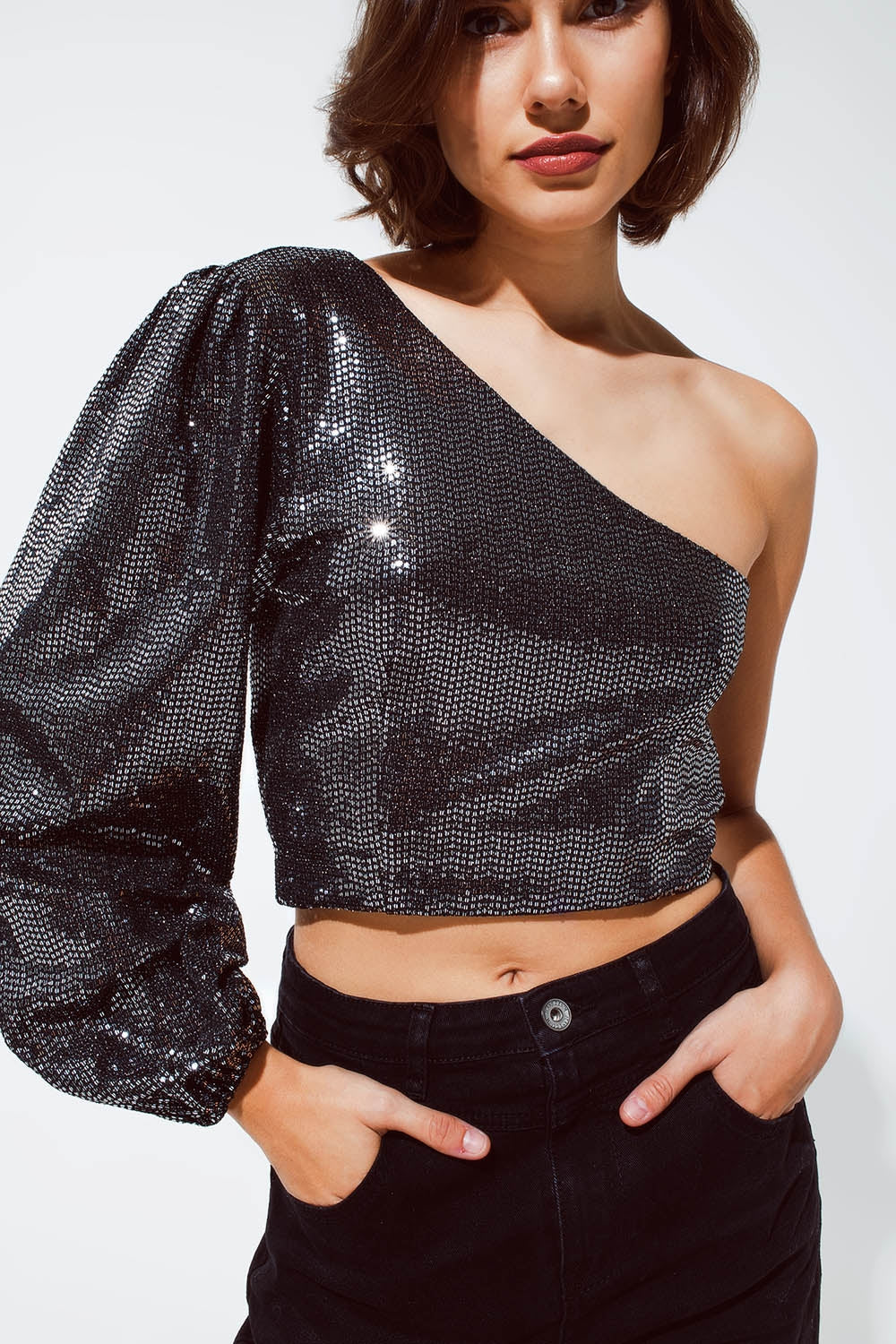 Party cropped one shoulder top with glitter detail in silver | Just Cool Beans — tops