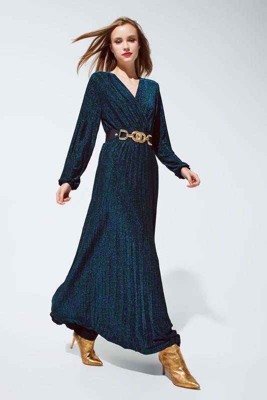 Party long sleeve maxi dress with glitter in green | Just Cool Beans — dresses