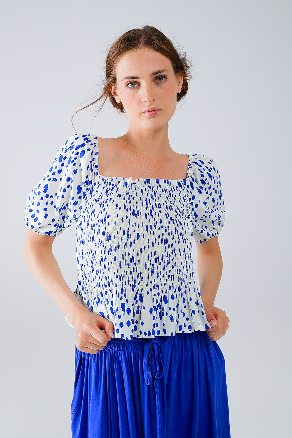 Peplum shirred white blouse with blue polka dots | Just Cool Beans — tops