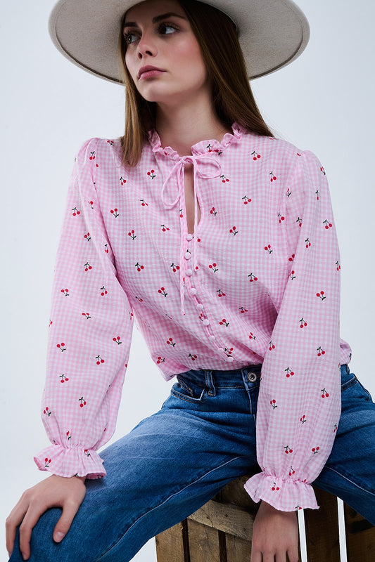 Pink blouse with cherry details and tied bow | Just Cool Beans — shirts | tops