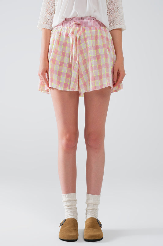 Pink checkered print shorts with tight-fitting waist detail | Just Cool Beans — pants | bottoms