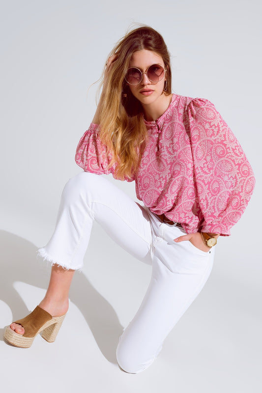 Pink chiffon blouse with floral print and long balloon sleeves | Just Cool Beans — shirts | tops