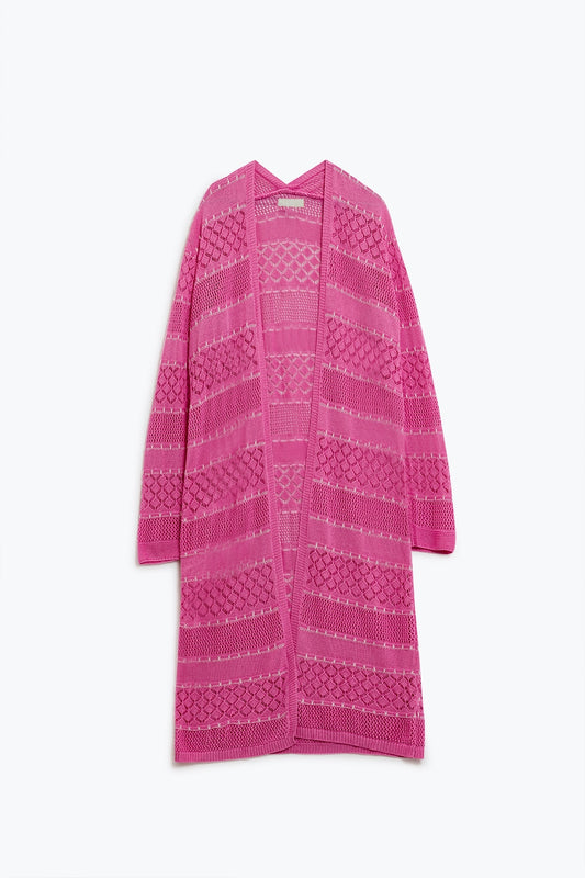 Pink crochet maxi cardigan with long sleeves | Just Cool Beans — sweaters | tops