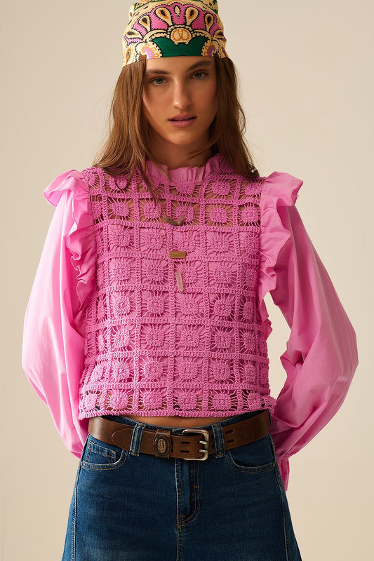 Pink crochet top with ruffle trim and long sleeves | Just Cool Beans — shirts | tops