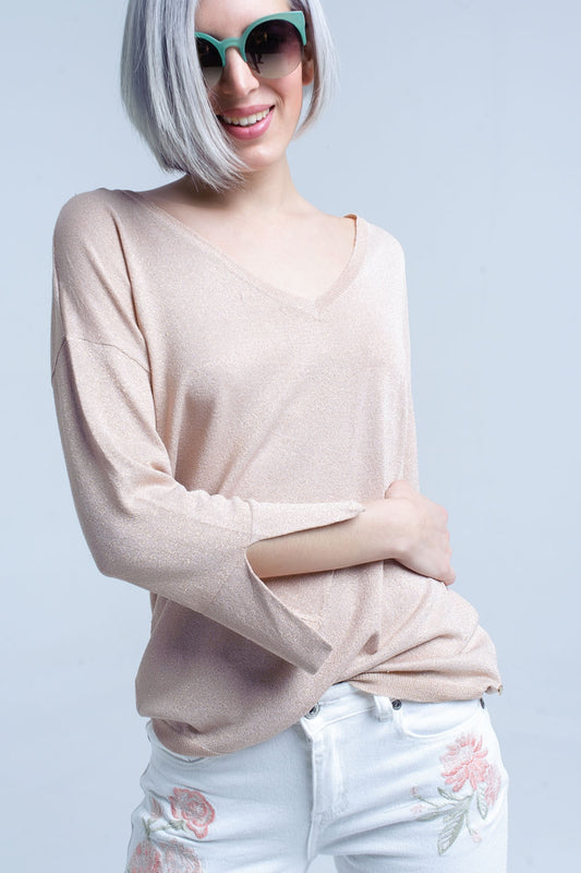 Pink knit sweater with gold lurex detail | Just Cool Beans — sweaters | tops