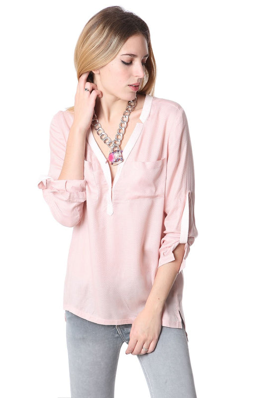 Pink long sleeve deep v neck blouse | Just Cool Beans — shirts | tops