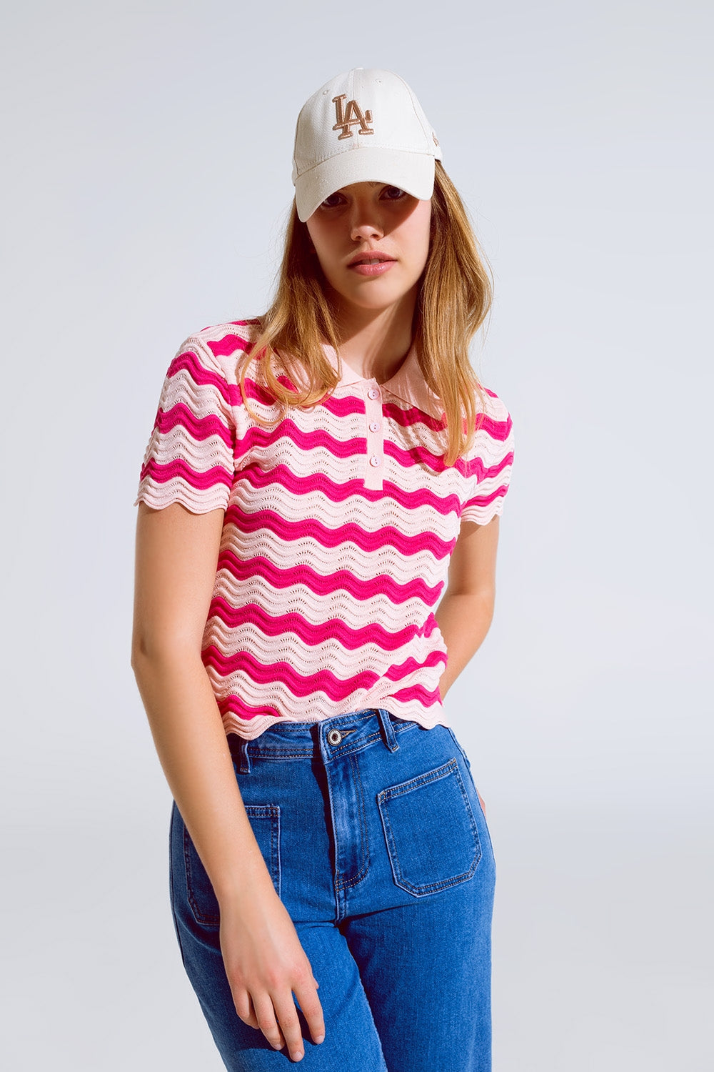 Pink polo with fuchsia wavy stripes | Just Cool Beans — sweaters | tops