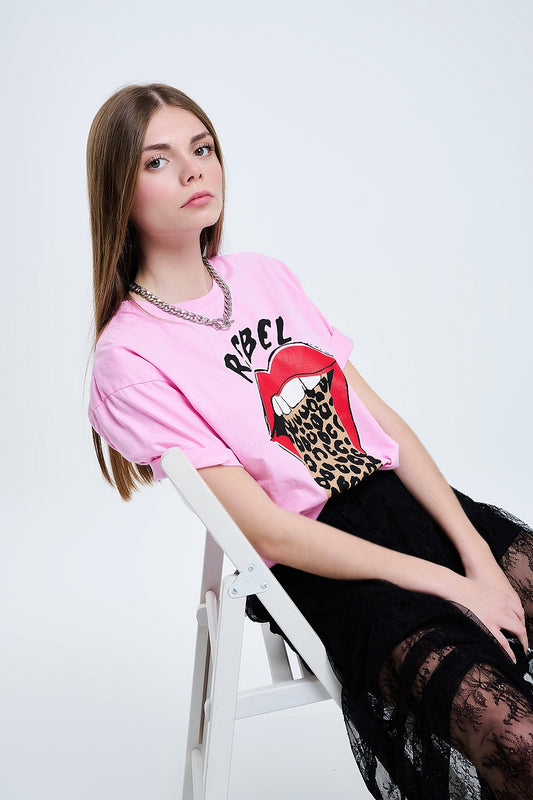 Pink rebel graphic tee with leopard print tongue | Just Cool Beans — tops
