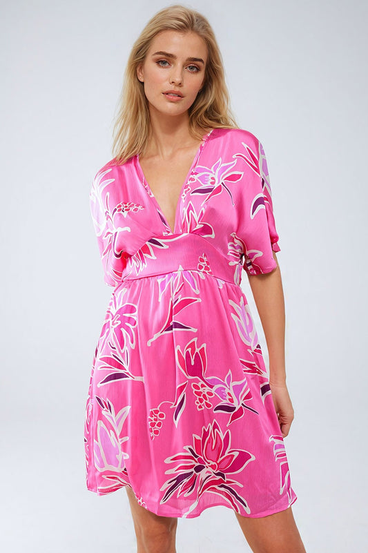 Pink short dress with flower print and v-neckline | Just Cool Beans — dresses | bottoms