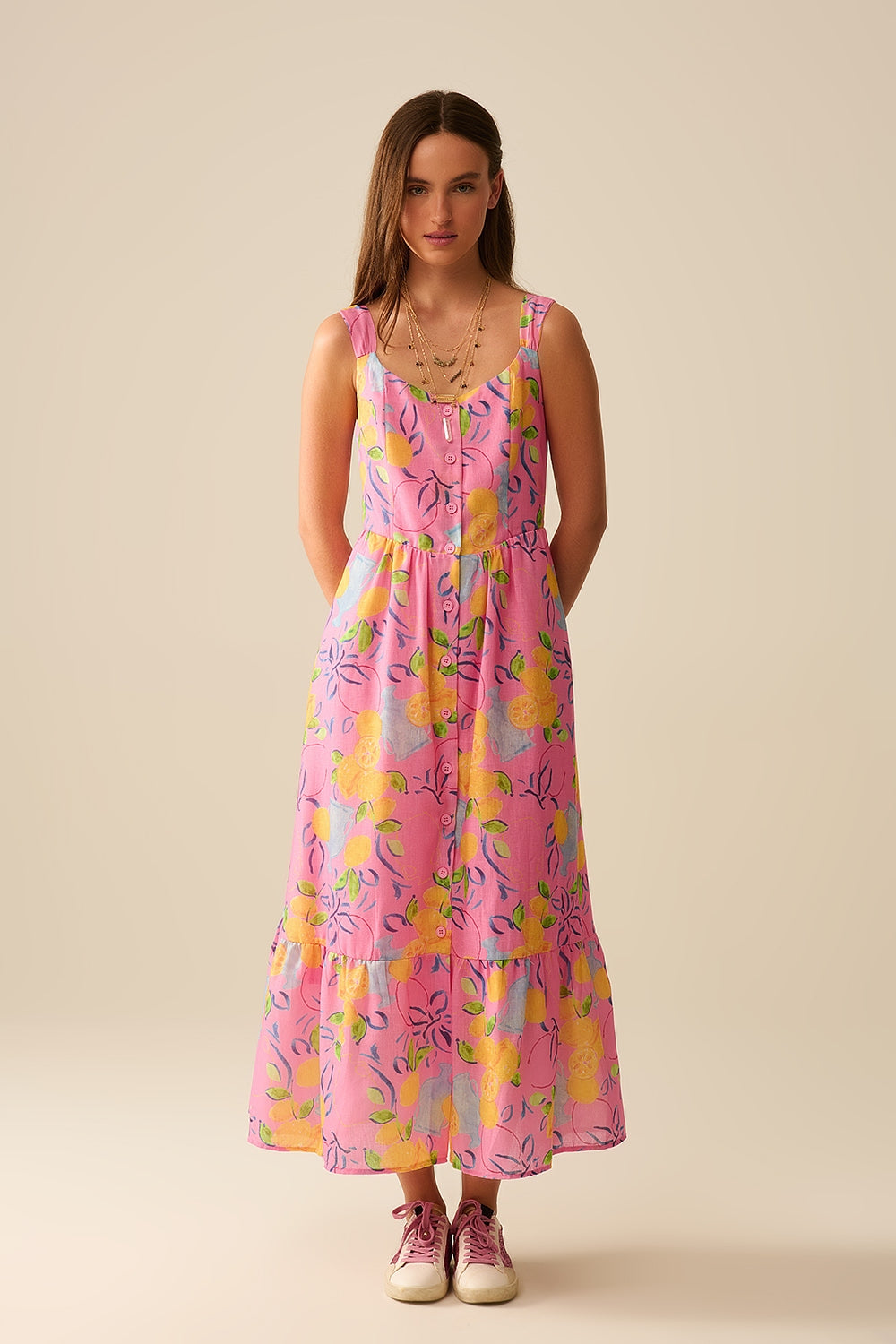 Pink sleeveless maxi dress with lemon print | Just Cool Beans — dresses