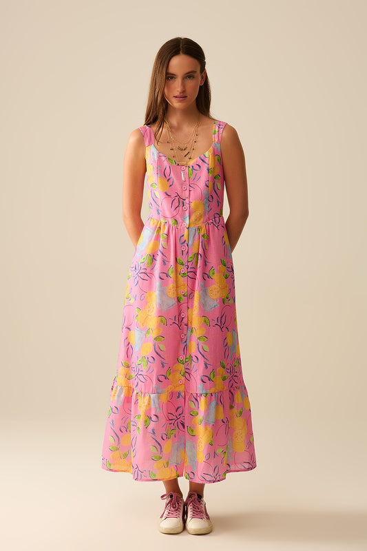 Pink sleeveless maxi dress with lemon print | Just Cool Beans — dresses