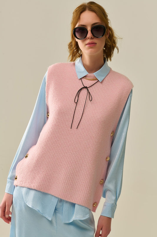 Pink sleeveless sweater with gold buttons | Just Cool Beans — sweaters | tops