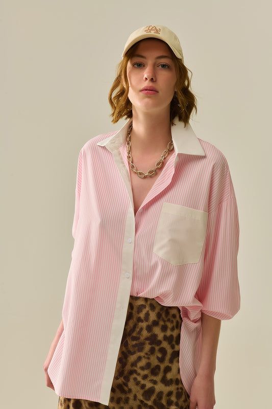 Pink striped shirt with pocket and white collar | Just Cool Beans — shirts | nan