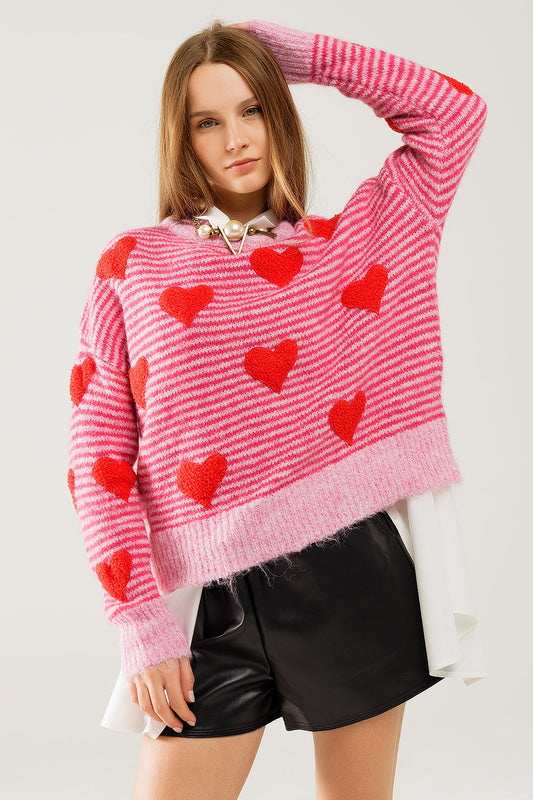 Pink striped sweater with hearts in red color | Just Cool Beans — sweaters | tops