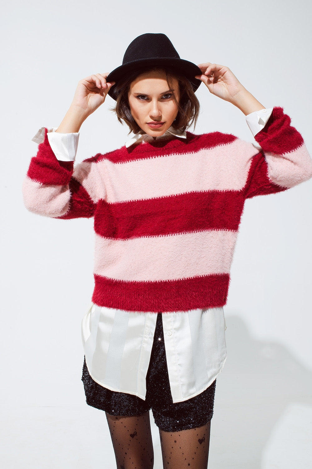 Pink sweater with stripes and a crew neck | Just Cool Beans — sweaters | tops
