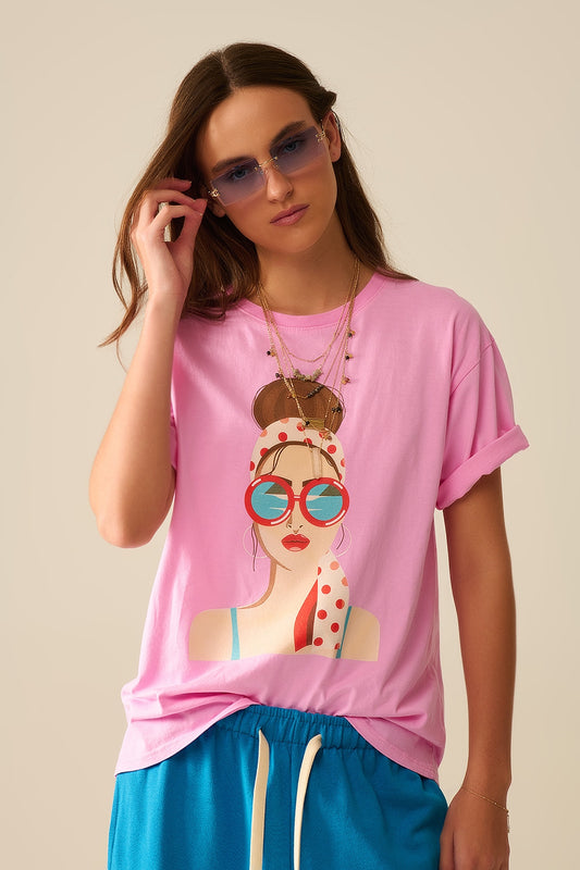 Pink t-shirt made in italy with a vintage girl graphic | Just Cool Beans — tops