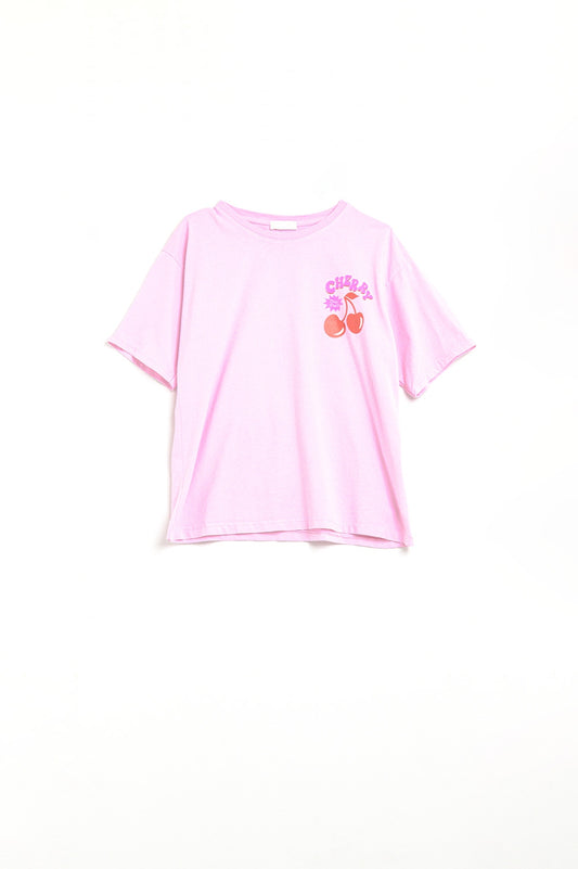 Pink t-shirt with cherry in logo and letters | Just Cool Beans — tops