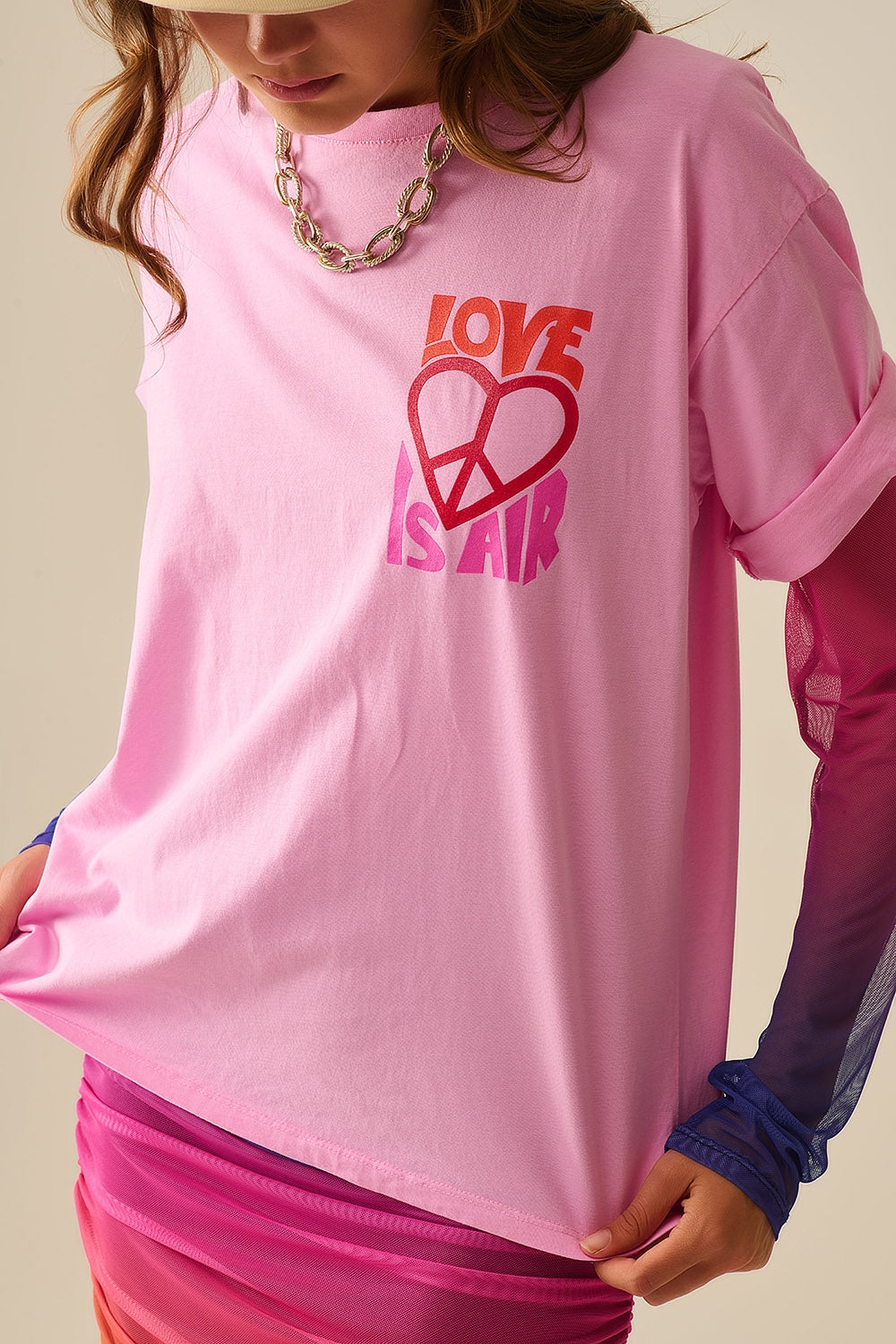 Pink T-Shirt with Love is Air and Heart with Peace Logo