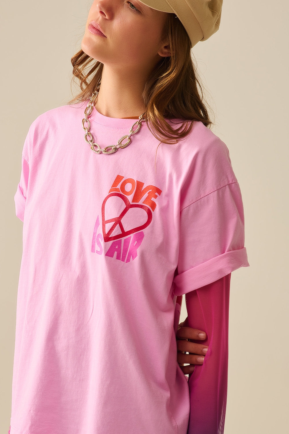 Pink T-Shirt with Love is Air and Heart with Peace Logo
