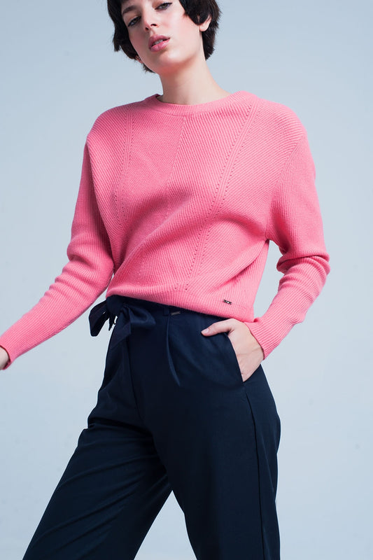 Pink textured sweater with round neck | Just Cool Beans — sweaters | tops