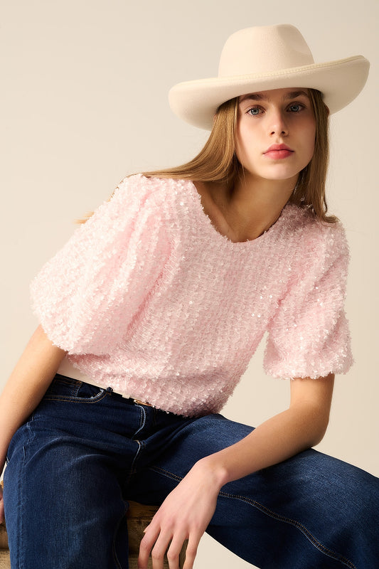 Pink top with sequin detail and balloon sleeves | Just Cool Beans — tops