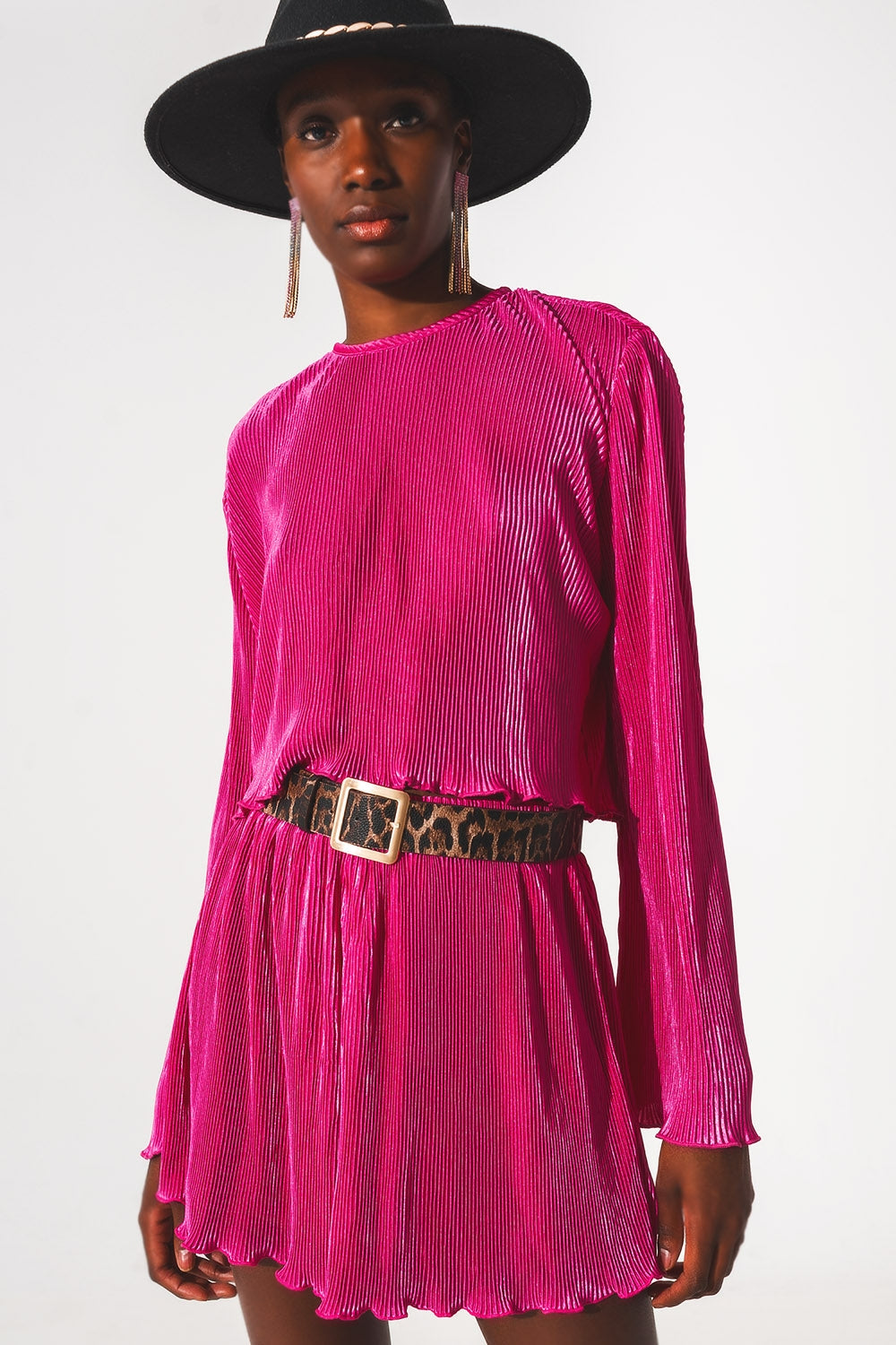 Pleated round neck crop top in fuchsia | Just Cool Beans — tops