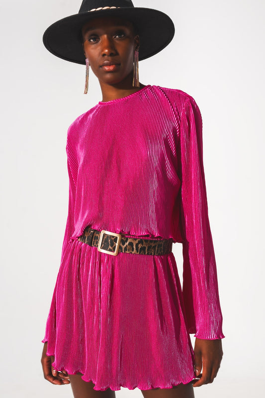 Pleated round neck crop top in fuchsia | Just Cool Beans — tops