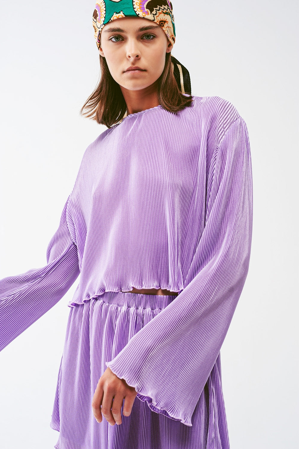 Pleated round neck crop top in lilac | Just Cool Beans — tops