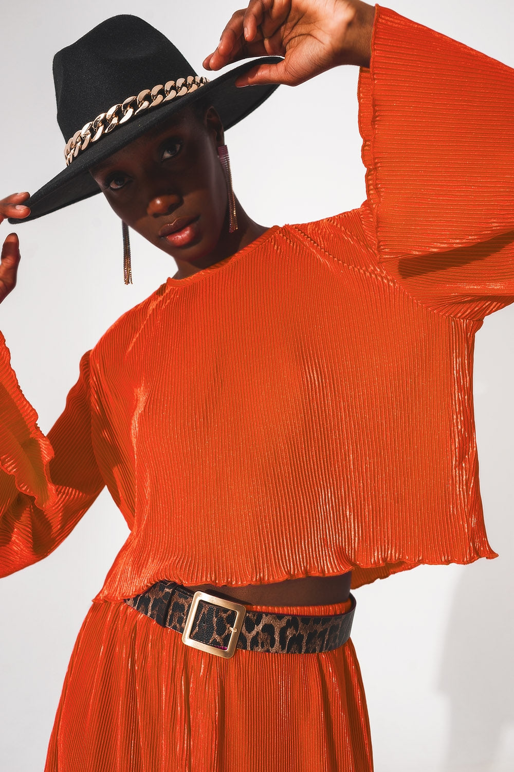 Pleated round neck crop top in orange | Just Cool Beans — tops