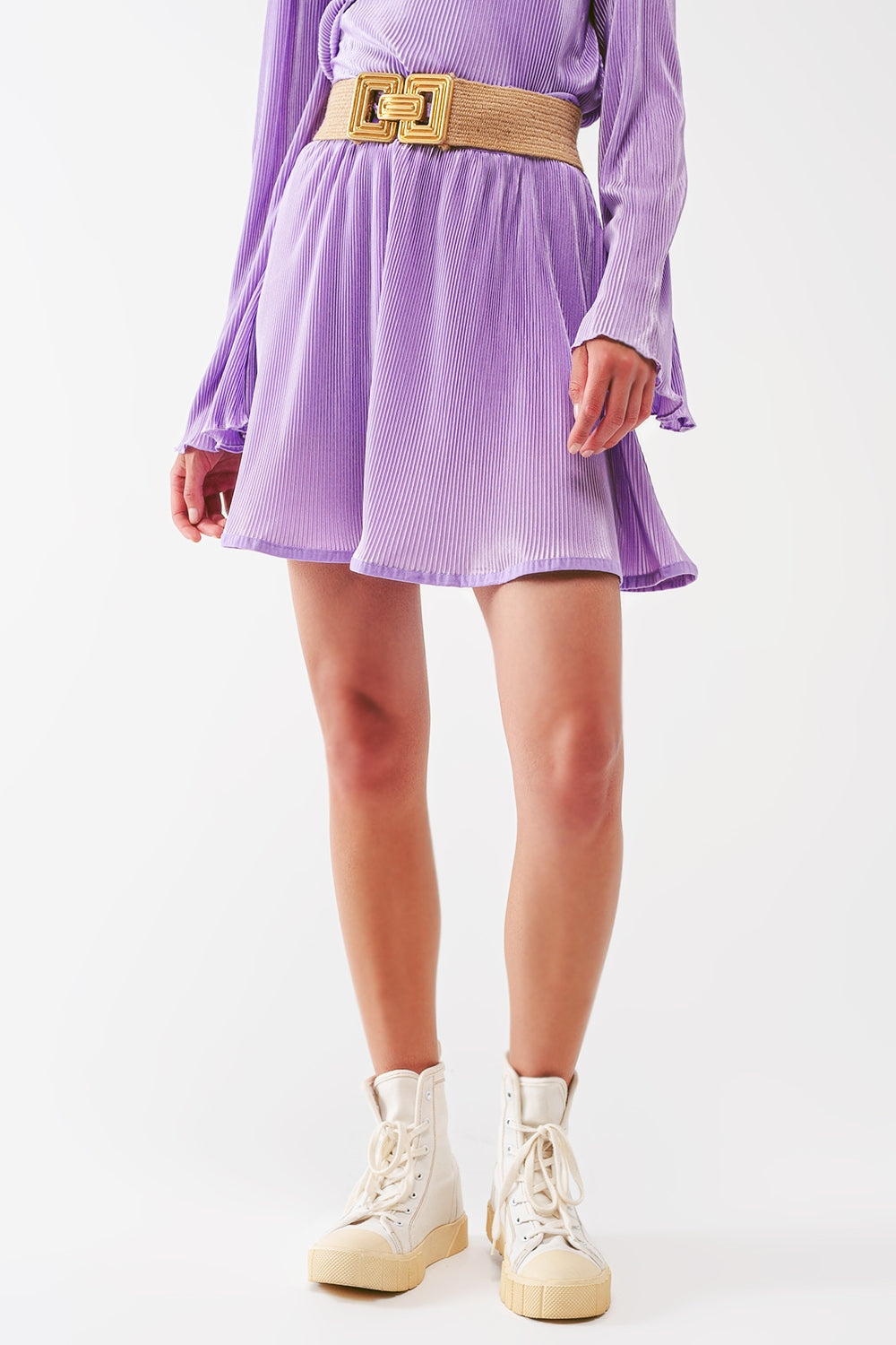 Pleated satin mini skirt in lilac | Just Cool Beans — skirts