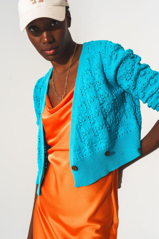 Pointelle knitted cardi in blue | Just Cool Beans — sweaters | tops