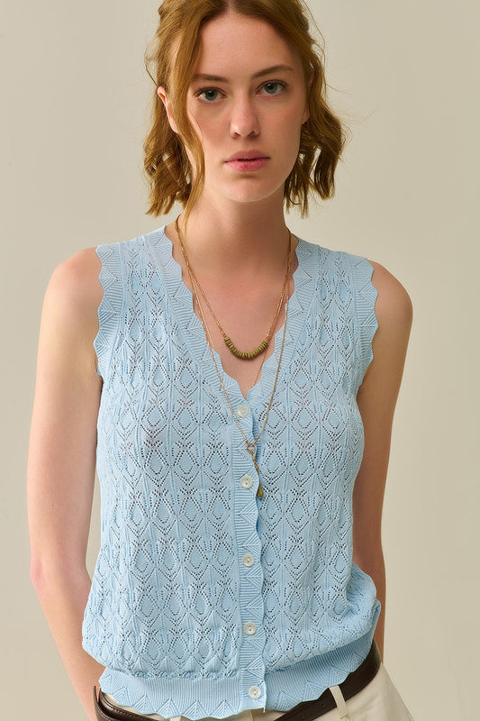 Pointelle knitted vest with scalloped edges in baby blue | Just Cool Beans — sweaters | tops