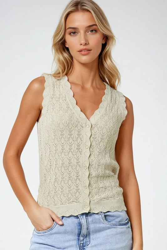 Pointelle knitted vest with scalloped edges in beige | Just Cool Beans — sweaters | tops