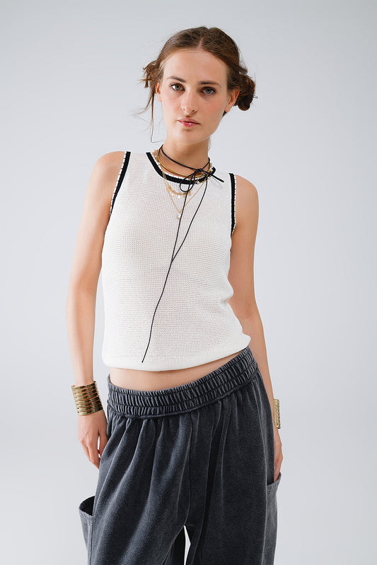 Pointelle white sleeveless top with black and white trim detail | Just Cool Beans — sweaters | tops