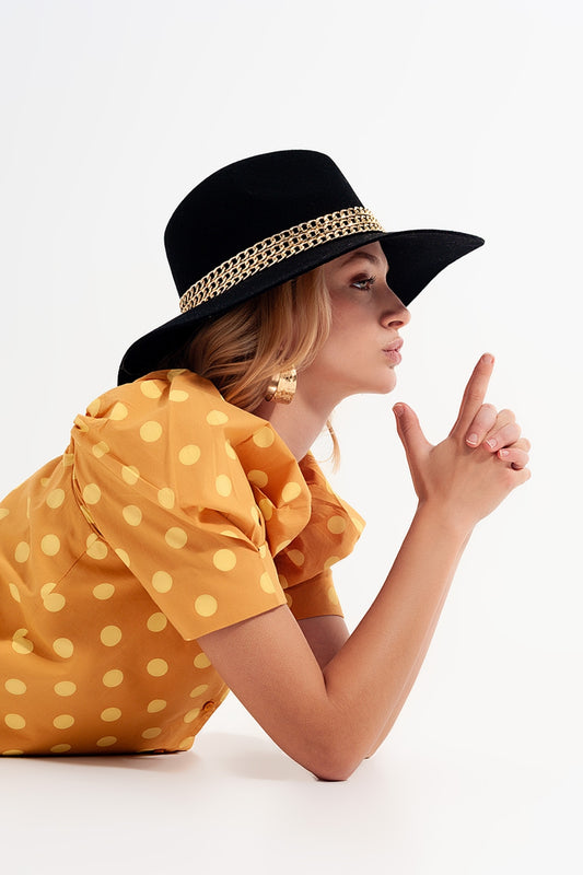 Polka dot top with puffed sleeves and square neckline in yellow | Just Cool Beans — tops