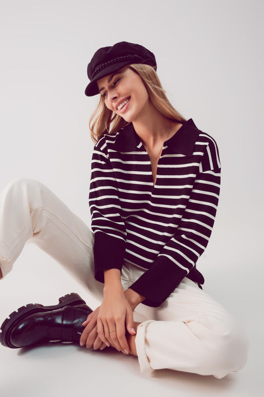 Polo neck sweater in black stripe | Just Cool Beans — sweaters | tops
