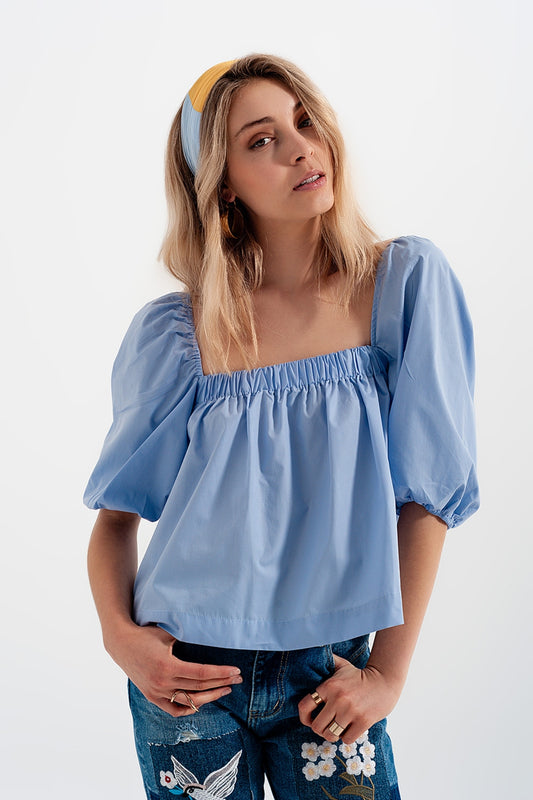 Poplin balloon sleeve top in blue | Just Cool Beans — shirts | tops