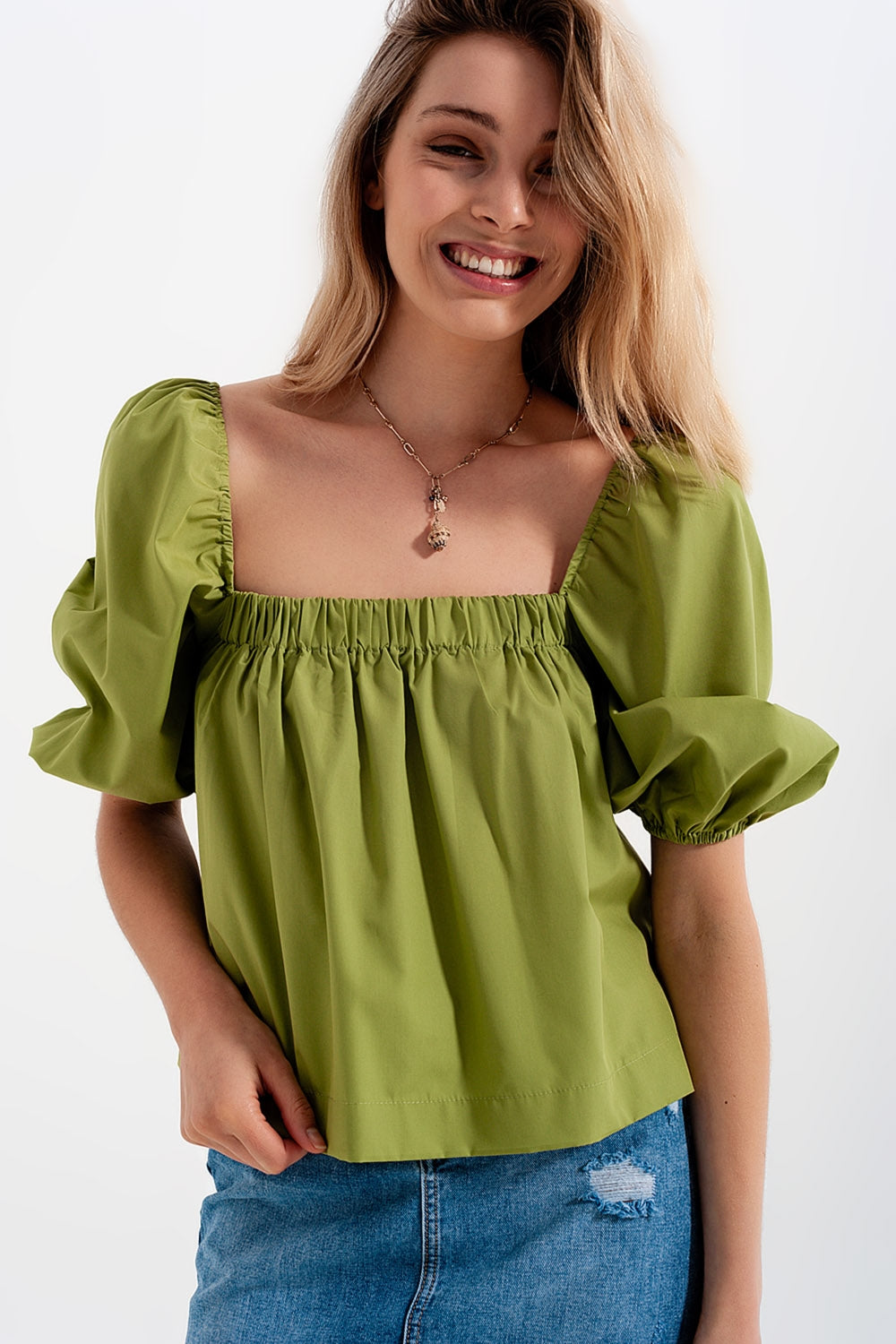 Poplin balloon sleeve top in green | Just Cool Beans — shirts | tops