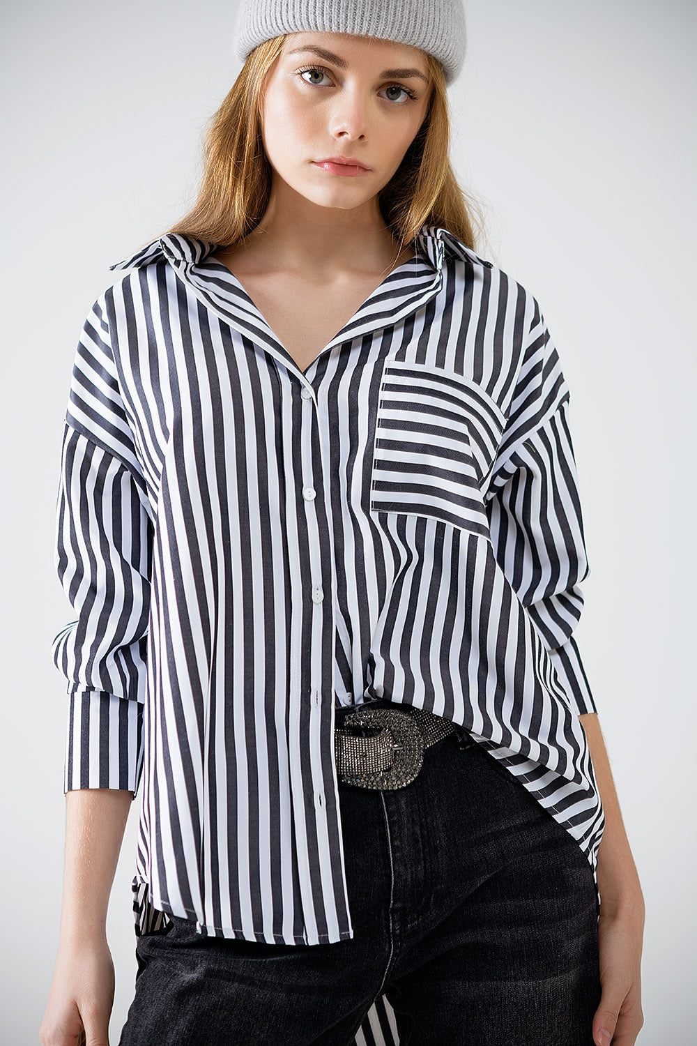 Poplin shirt with vertical stripes in black and chest pocket | Just Cool Beans — shirts | nan