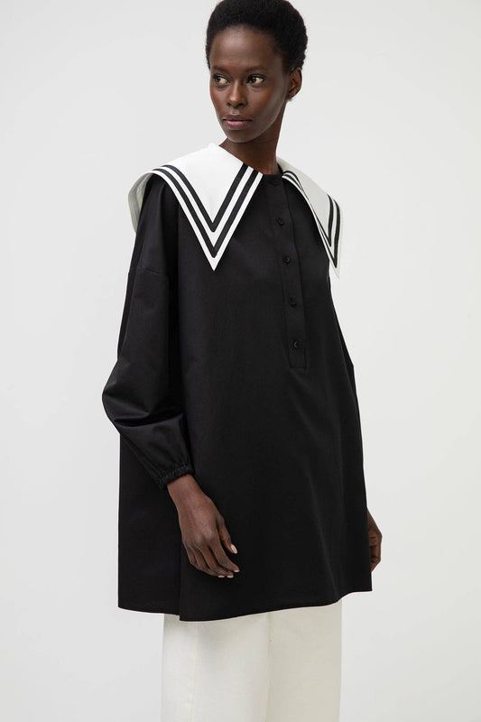 Poplin Tunic with Collar in Black - Just Cool Beans