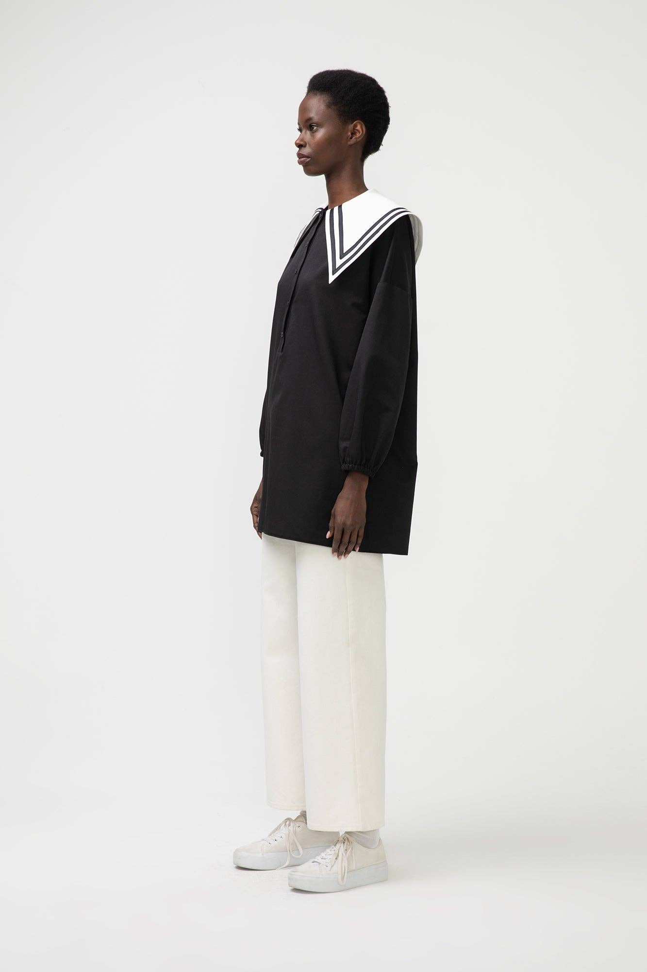 Poplin Tunic with Collar in Black - Just Cool Beans