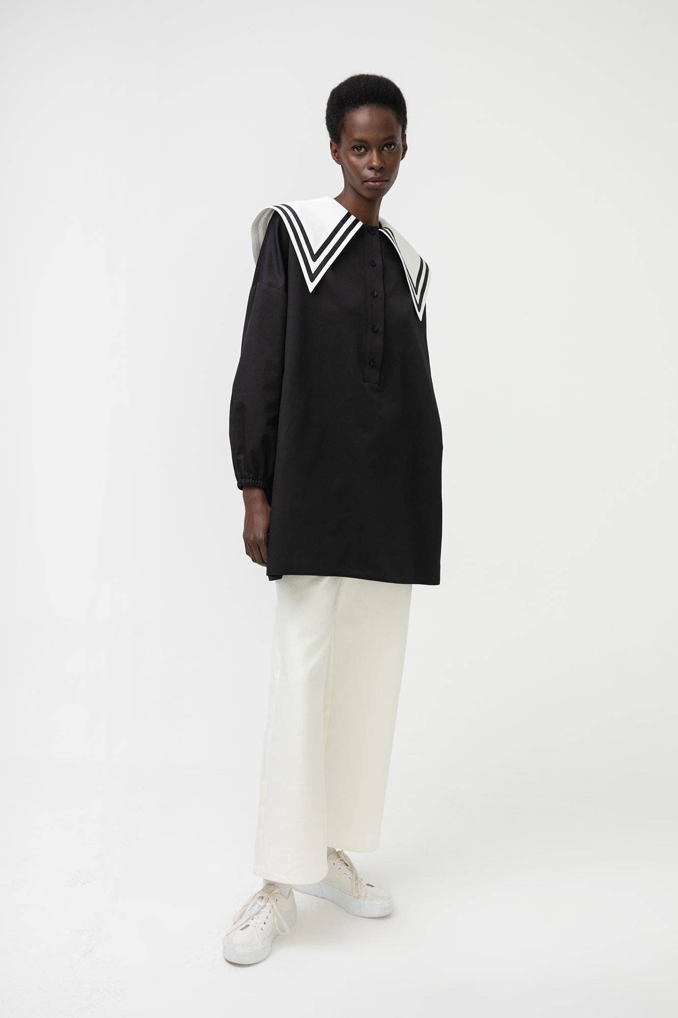 Poplin Tunic with Collar in Black - Just Cool Beans