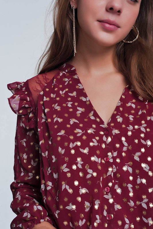 Print ruffle shoulder maroon shirt | Just Cool Beans — shirts | nan