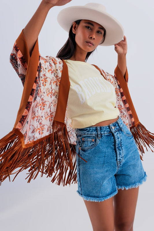 Printed kimono with fringe detail in brown | Just Cool Beans — coats and jackets | jackets