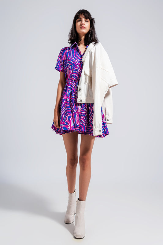 Printed mini dress with tie waist in purple | Just Cool Beans — dresses