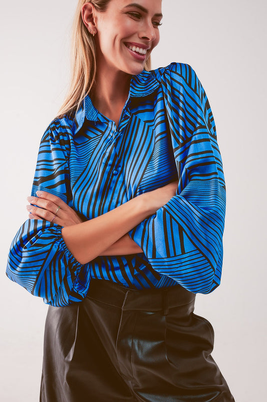 Puff sleeve printed blouse in blue | Just Cool Beans — shirts | tops