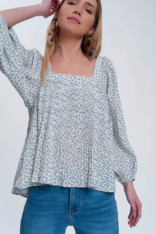 Puff sleeve top with square neck in blue floral print | Just Cool Beans — tops