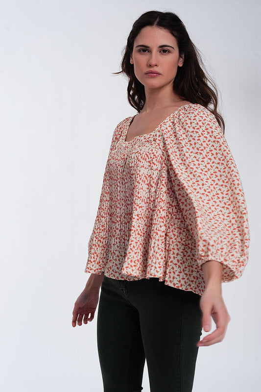 Puff sleeve top with square neck in coral floral print | Just Cool Beans — tops